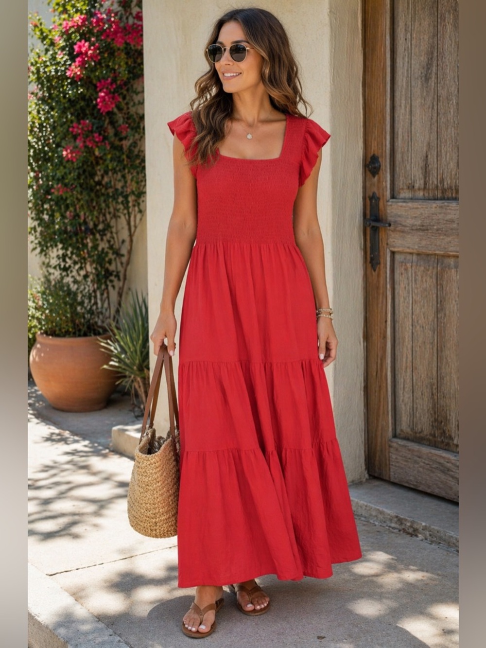 Lucky Brand Smocked Coral Red Maxi Dress Size L Boho Tiered Summer